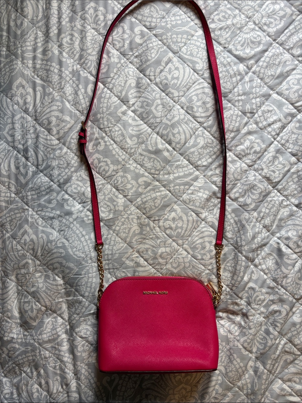 Michael Kors Bright Pink Saffiano Crossbody with Gold Chain Strap